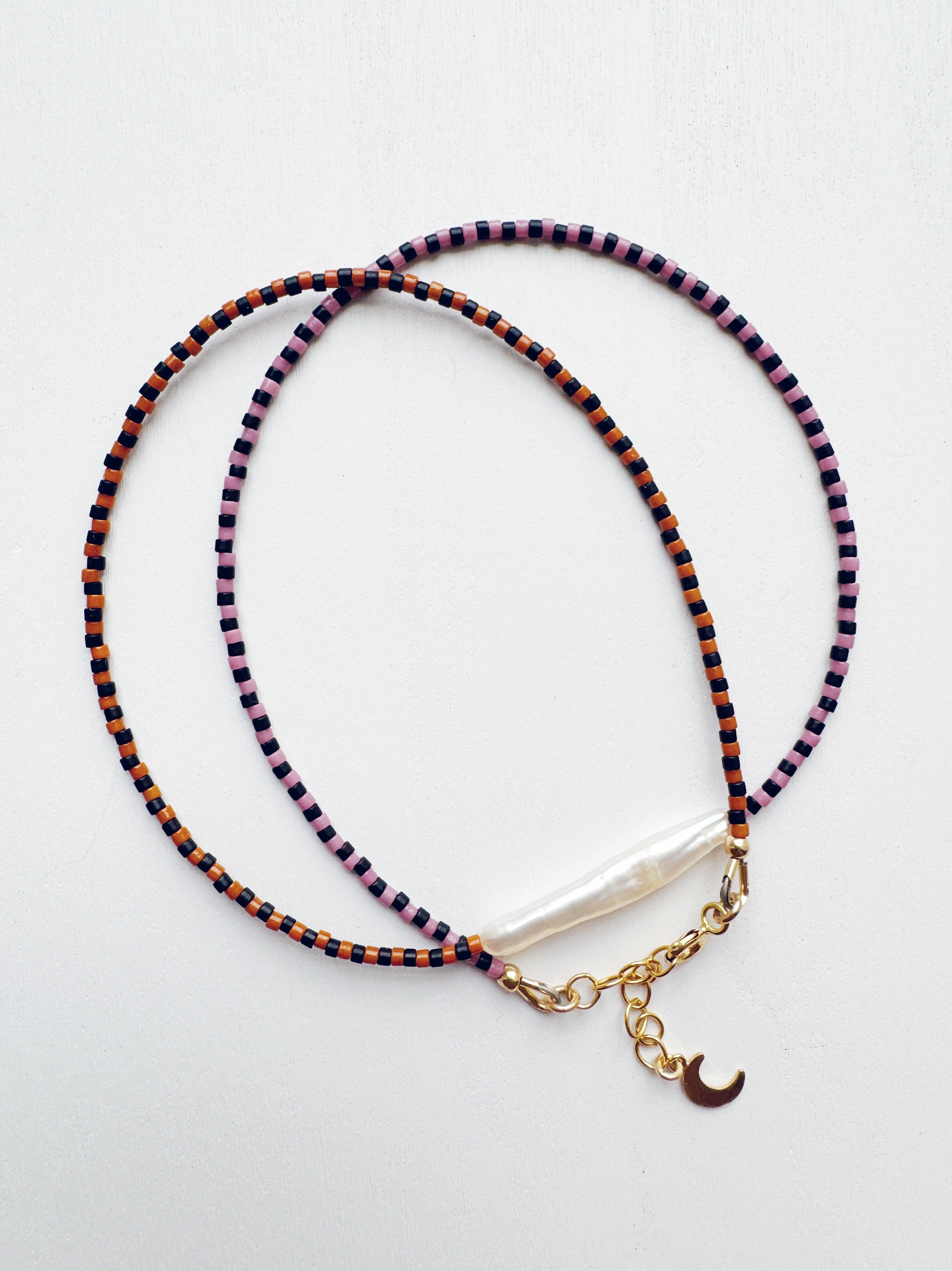 Mini Stripe Pearl Necklace - brown / lilac / black