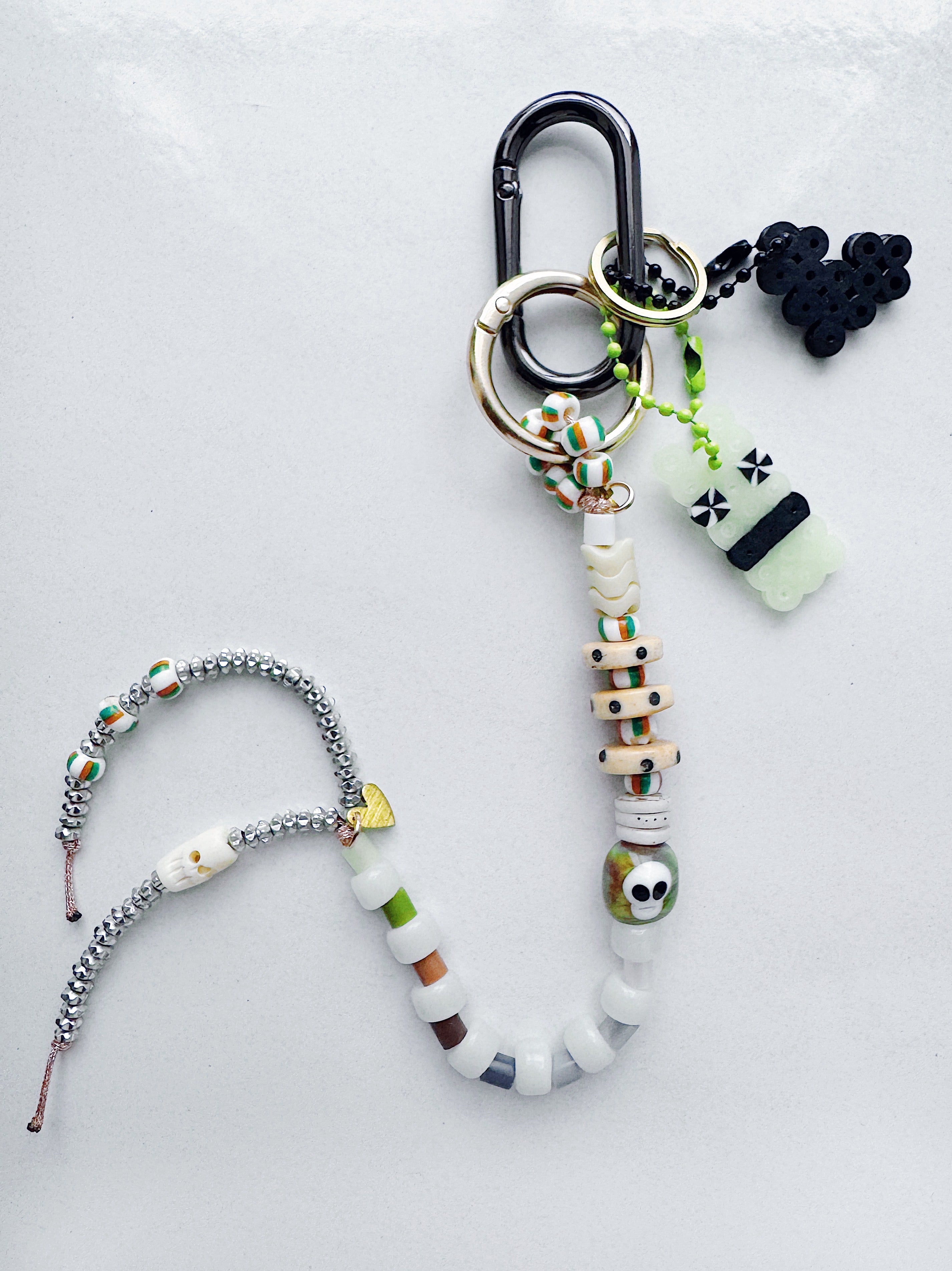 XXXL Long Bag Charm - green swirl skull + surprise!